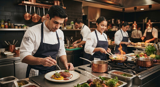 KNS chefs preparing gourmet food in a modern kitchen